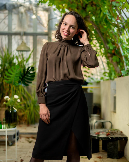 Marie - Gathered Stand-up Collar Blouse Black