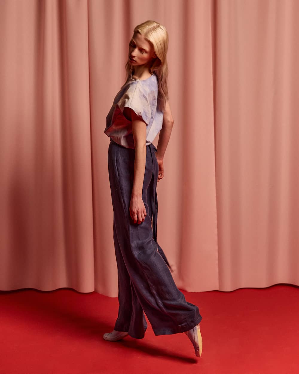 Blue silk linen cross over pants 