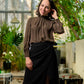 Marie - High Collar Gathered Blouse Brown